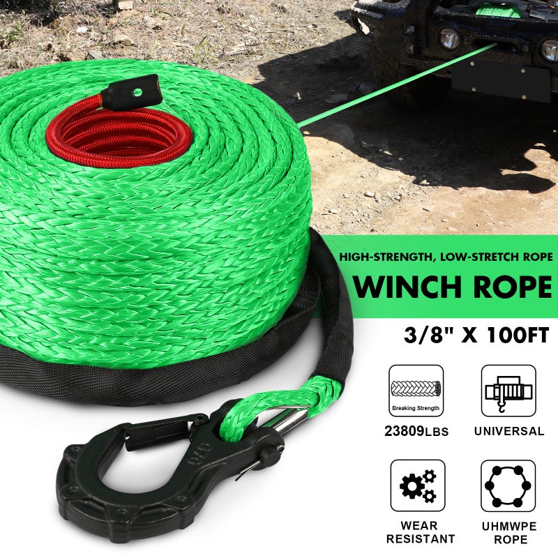STEGODON Synthetic Winch Rope, 3/8" x100ft 23809LBS Dyneema Winch Rope 3/8 Heavy Duty Winch Cable with Protective Sleeve Forged Winch Hook for 4WD Off Road Vehicle Truck SUV (Green) - Image 3